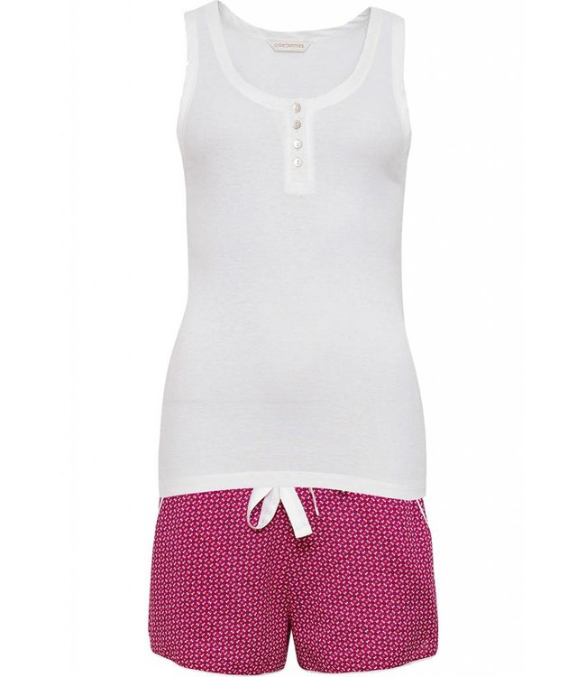 Joyce pink shorty set with white ribbed vest with buttons