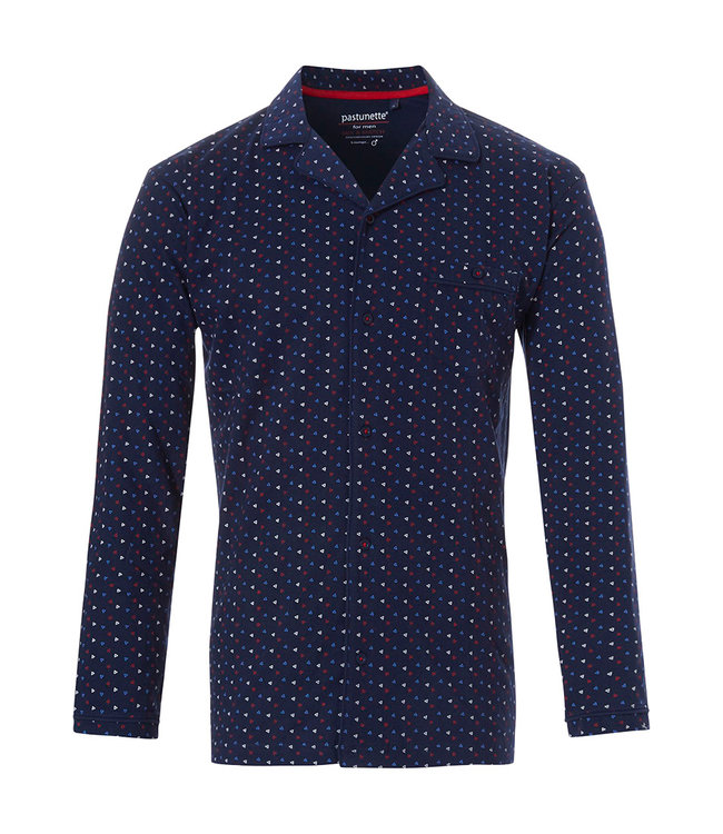 Pastunette for Men katoenen, doorknoop, blauwe heren pyjama top met lange mouwen 'trendy driehoekjes'