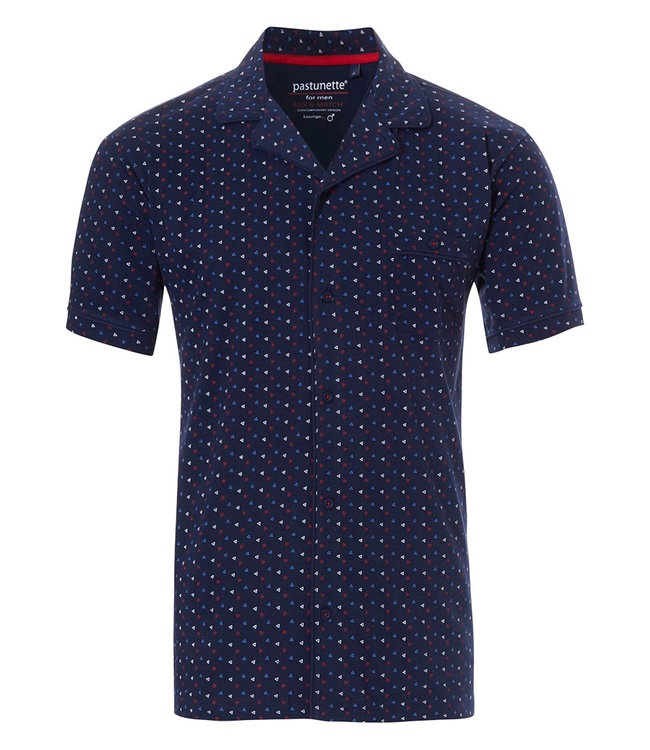 blue cotton short sleeved full button men's pyjama top ' trendy triangles'