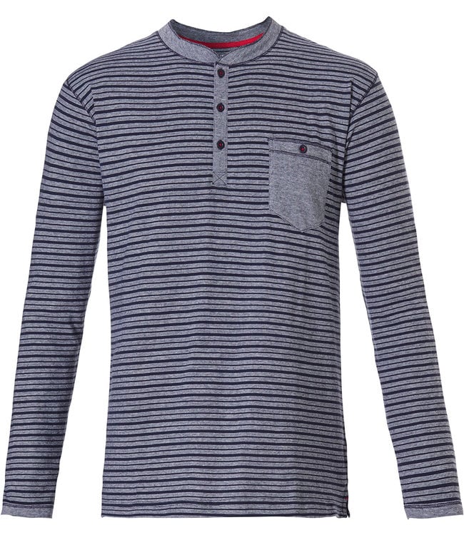 Pastunette for Men men's Mix & Match 'in the stripe'  lounge-style stripey long sleeve navy blue cotton pyjama top with 3 buttons