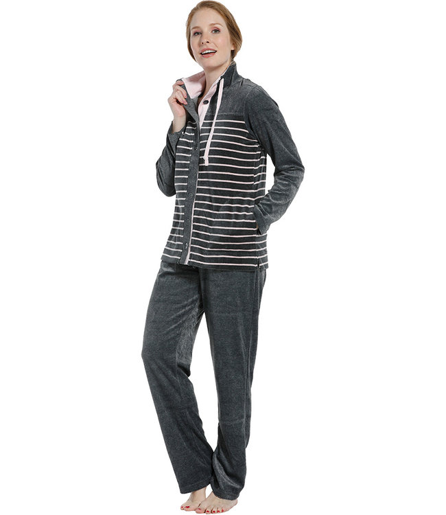 grey & pink soft cotton velvet striped homesuit with buttons