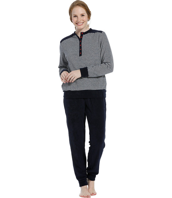 navy blue, long sleeved terry pyjama set 'fine stripes'