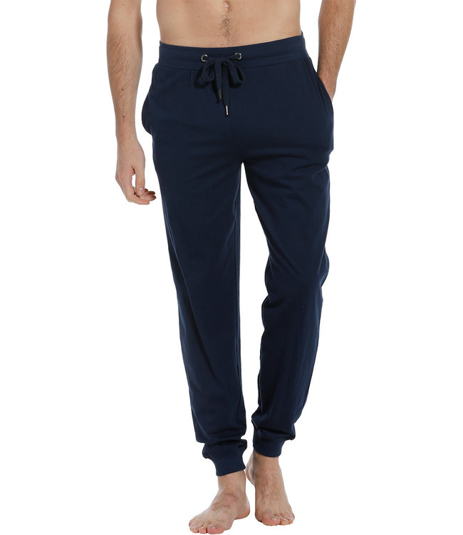 lange, blauwe, katoenen lange pyjama broek met boordjes voor heren