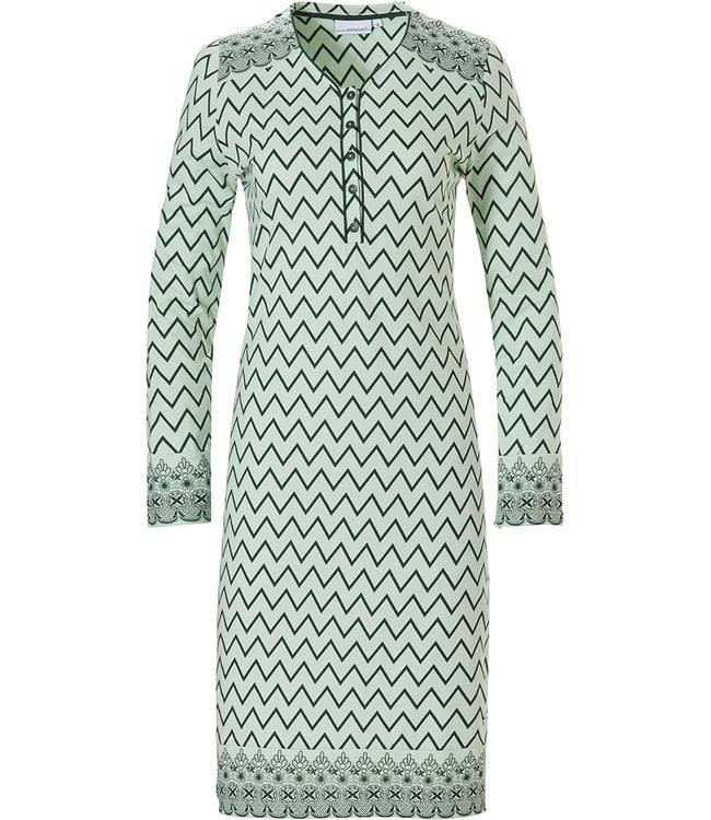 Pastunette 'soft & pure zig zag lines', ladies light green & grey long sleeve cotton nightdress with 5 buttons