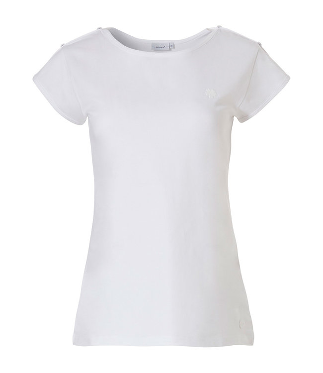 Pastunette Mix & Match ladies pure white short sleeve top with round neck , t-shirt style with little flower print and decorative shoulder button detail
