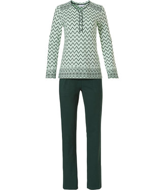 Pastunette groene, katoenen dames pyjama met lange mouwen en knoopjes 'soft & pure patterned lines'