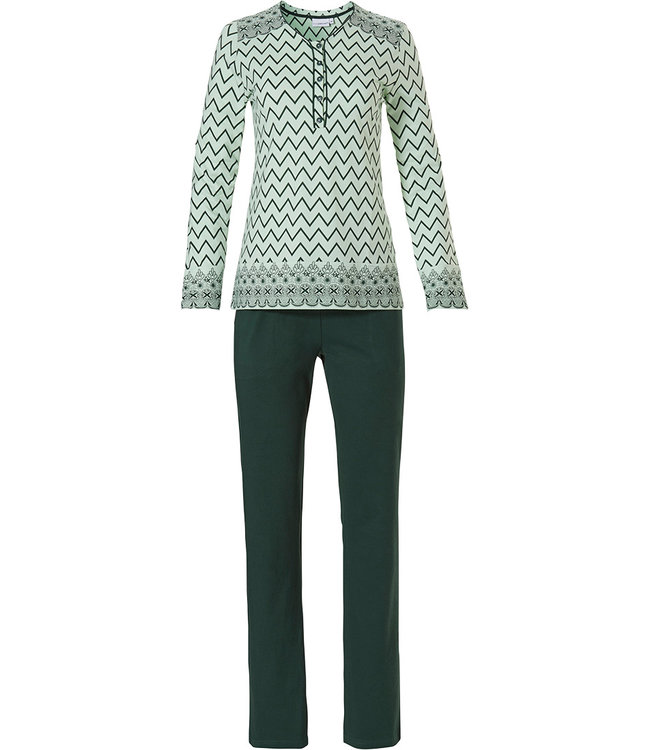 Pastunette groene, katoenen dames pyjama met lange mouwen en knoopjes 'soft & pure patterned lines'