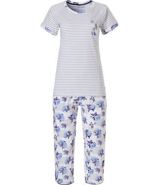 Pastunette katoenen, strepen pyjama met korte mouwen en 3/4e broek 'stripes & little blue blossom'