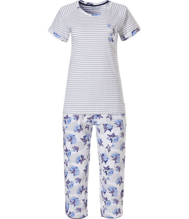short sleeve stripey cotton 3/4 pyjama set 'stripes & little blue blossom'