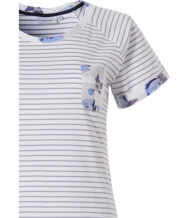 katoenen, strepen pyjama met korte mouwen en 3/4e broek 'stripes & little blue blossom'