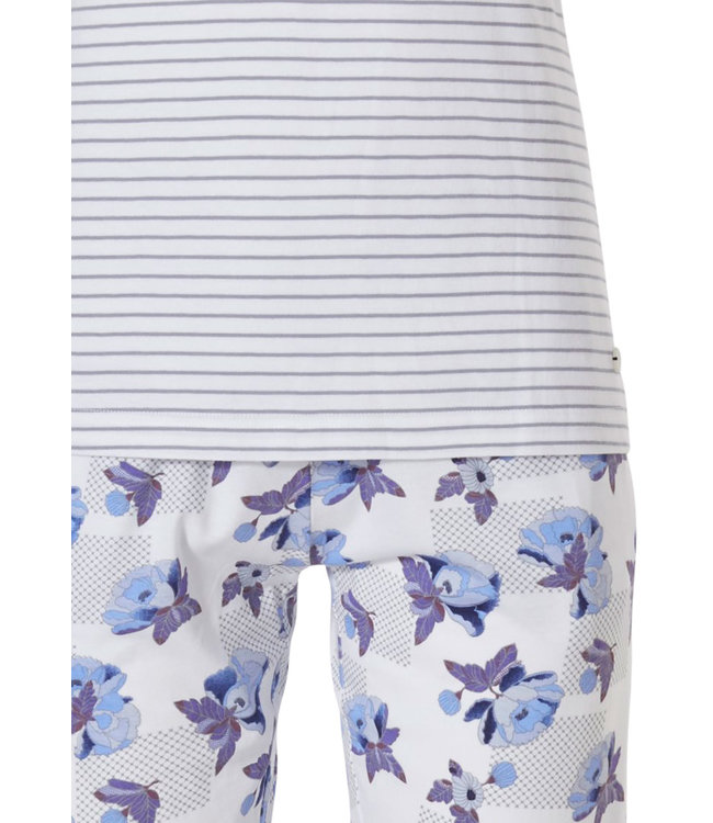 katoenen, strepen pyjama met korte mouwen en 3/4e broek 'stripes & little blue blossom'