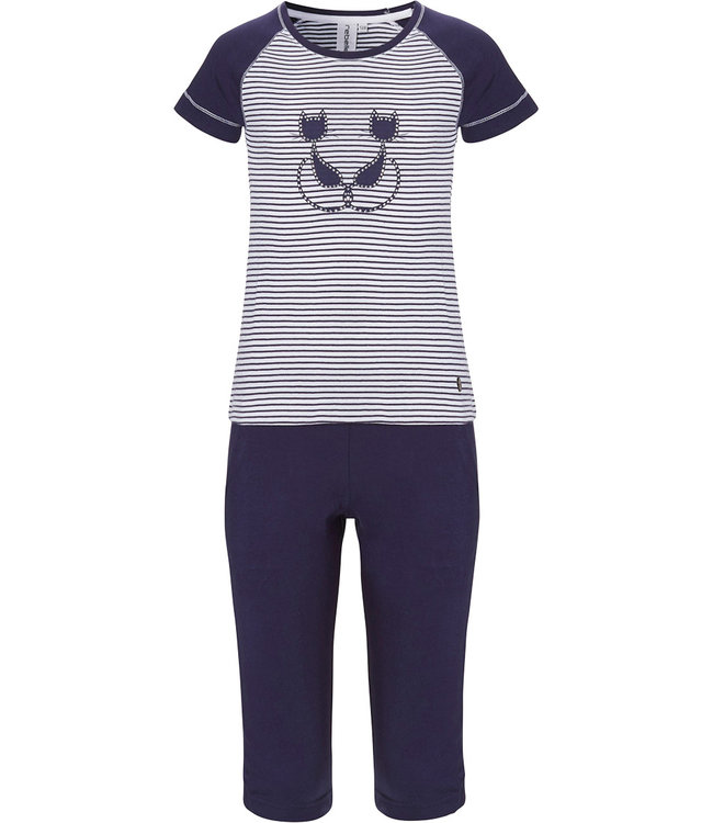 'Purrrfectly in love pussycats' short raglan-sleeve dark blue & white girls cotton stripey pyjama set with pretty diamante detail and 3/4 dark blue pants with