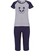 'Purrrfectly in love pussycats' short raglan-sleeve dark blue & white girls cotton stripey pyjama set with pretty diamante detail and 3/4 dark blue pants with