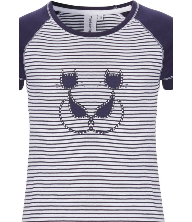 'Purrrfectly in love pussycats' short raglan-sleeve dark blue & white girls cotton stripey pyjama set with pretty diamante detail and 3/4 dark blue pants with