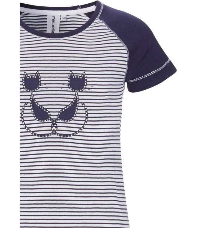 'Purrrfectly in love pussycats' short raglan-sleeve dark blue & white girls cotton stripey pyjama set with pretty diamante detail and 3/4 dark blue pants with