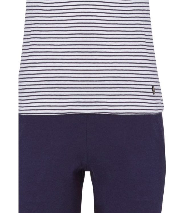 'Purrrfectly in love pussycats' short raglan-sleeve dark blue & white girls cotton stripey pyjama set with pretty diamante detail and 3/4 dark blue pants with