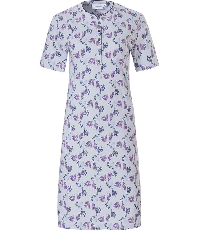 Pastunette 'floral delight  short sleeve light blue & purple, ladies cotton nightdress with 5 buttons