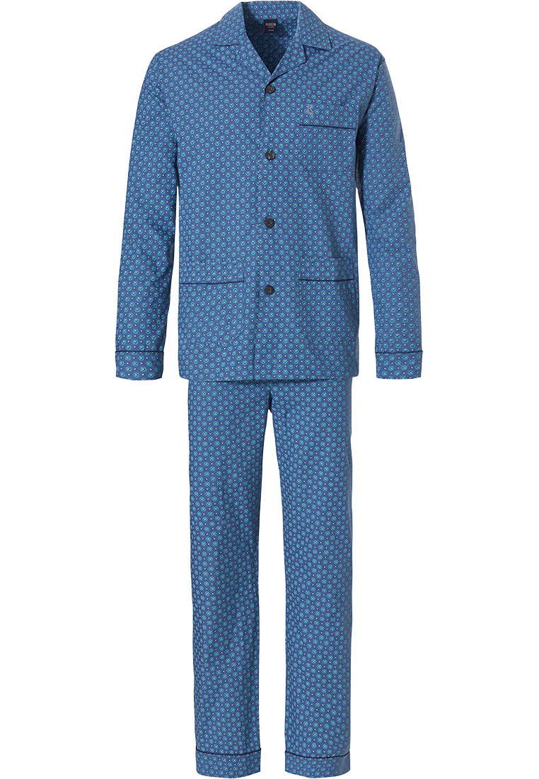 Robson 'octad symbol & squares' mens fresh mid blue long sleeve woven  cotton, full button Summer pyjama with matching long patterned pants with  en elasticated waist and pockets - Pyjama-direct