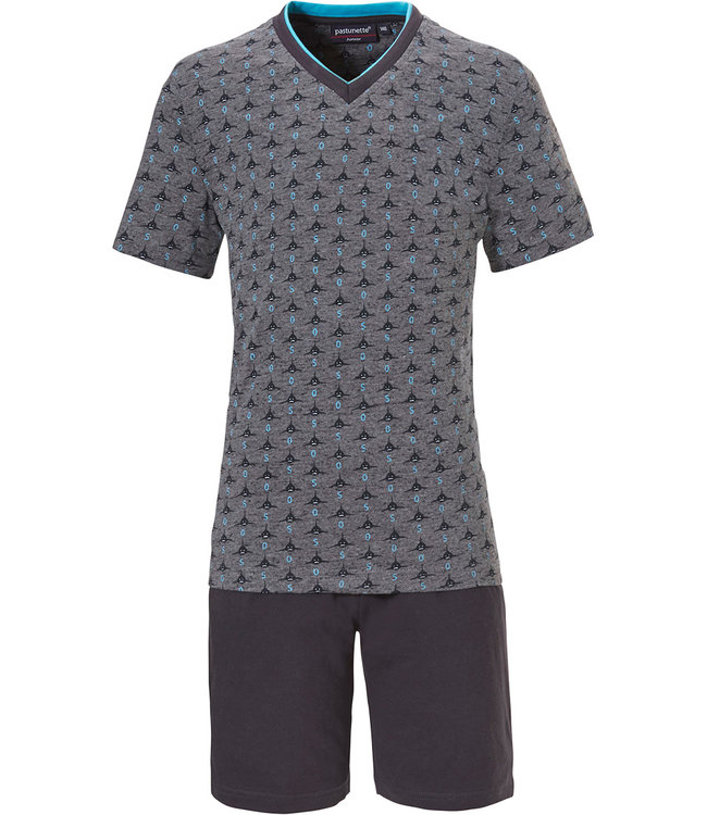 Pastunette jr 'Ocean Life, sea shark', grey & sea-blue grey boys shorty set with dark grey cotton elasticated shorts