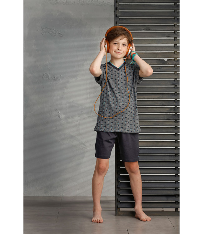 'Ocean Life, sea shark', grey & sea-blue grey boys shorty set with dark grey cotton elasticated shorts