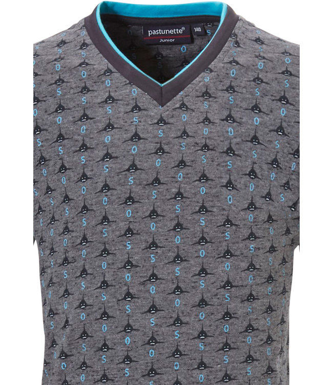 'Ocean Life, sea shark', grey & sea-blue grey boys shorty set with dark grey cotton elasticated shorts