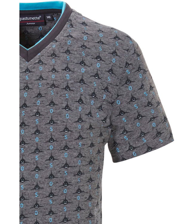 'Ocean Life, sea shark', grey & sea-blue grey boys shorty set with dark grey cotton elasticated shorts