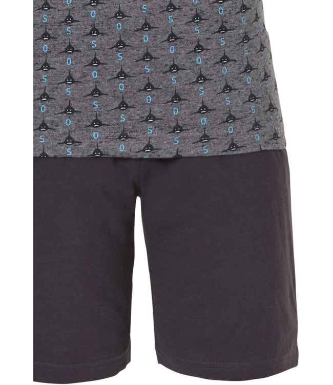 'Ocean Life, sea shark', grey & sea-blue grey boys shorty set with dark grey cotton elasticated shorts