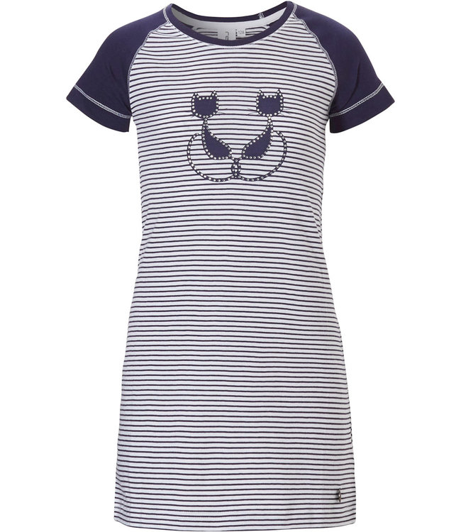 Rebelle Girls 'Purrrfectly in love pussycats' dark blue & white short raglan-sleeve, girls cotton stripey nightdress with pretty diamante detail