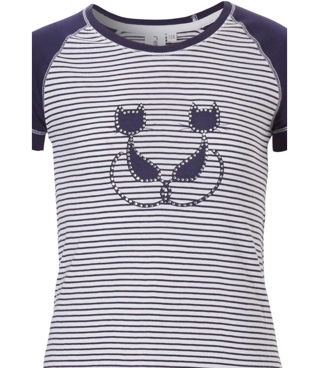 'Purrrfectly in love pussycats' dark blue & white short raglan-sleeve, girls cotton stripey nightdress with pretty diamante detail