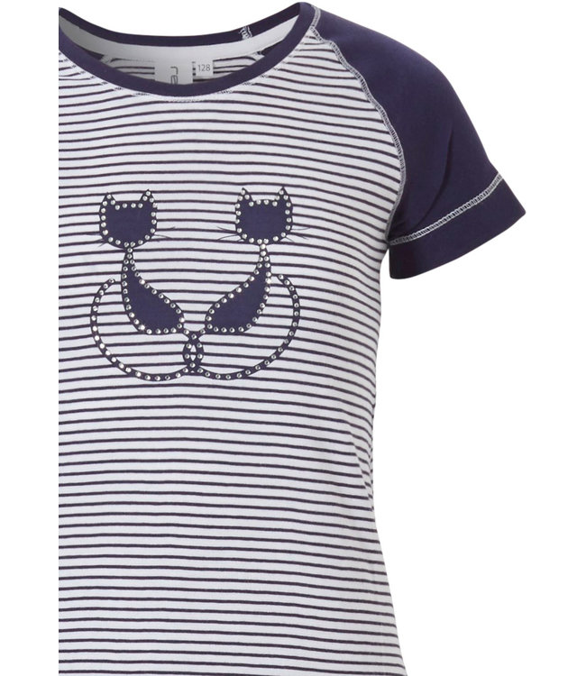 'Purrrfectly in love pussycats' dark blue & white short raglan-sleeve, girls cotton stripey nightdress with pretty diamante detail