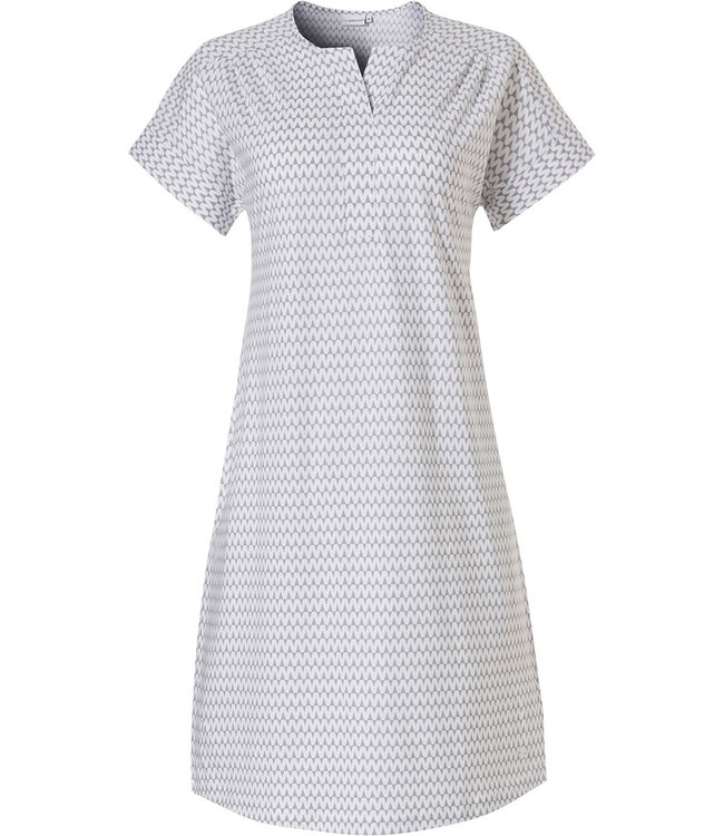 'pretty fine fine zig zag lines' short sleeve, light grey & white ladies cotton-modal nightdress with v neck