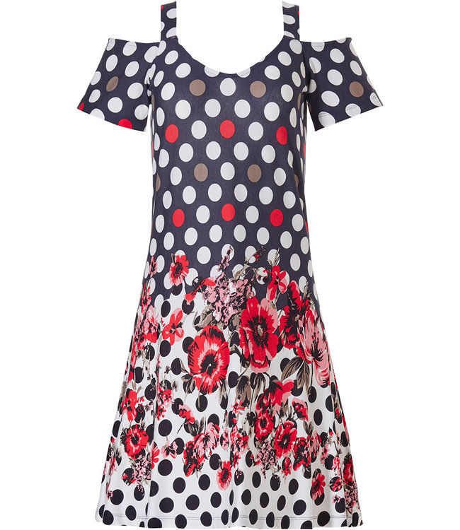 Pastunette Beach 'fashion & flowers' light red, blue & white ladies open shoulder with straps beach dress with a summery flowers pattern & trendy circles