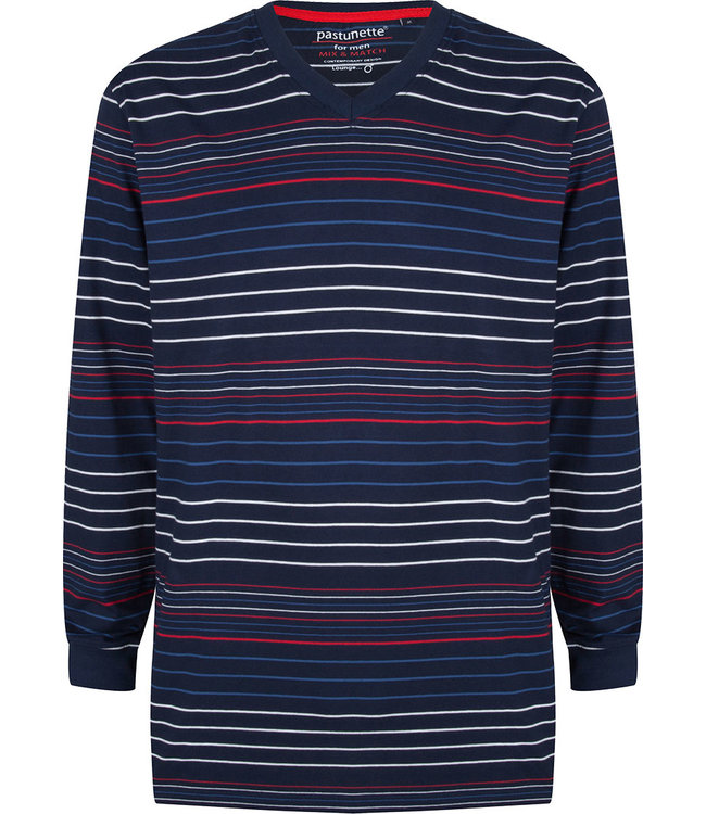 Pastunette for Men a modern red, white and blue multi-striped men's long sleeved pyjama top