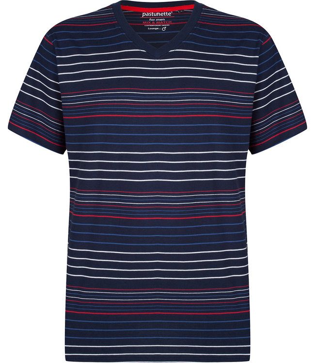 Pastunette for Men moderne, rood-wit-blauw gestreepte heren pyjama top met korte mouwen
