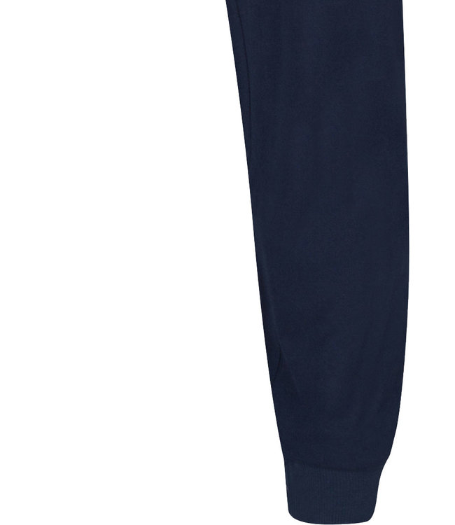 lange, blauwe, katoenen lange pyjama broek met boordjes voor heren