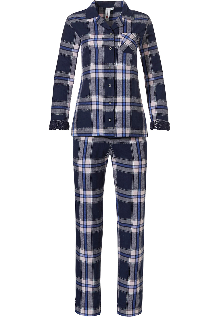 Rebelle flanellen doorknoop dames pyjama met lange mouwen 'denim blue & lace' - Pyjama-direct