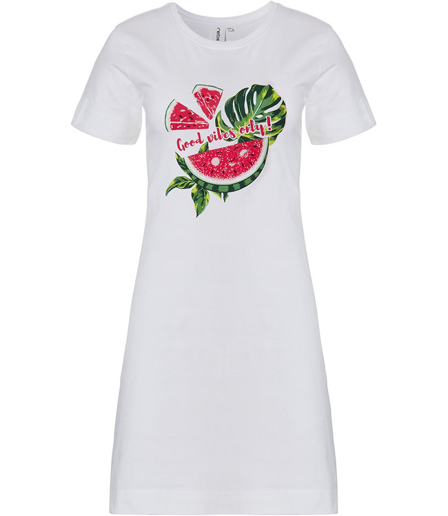Rebelle 'fruity water melon' white short sleeve nightdess with 'fruity water melon' picture and 'GOOD VIBES ONLY' text