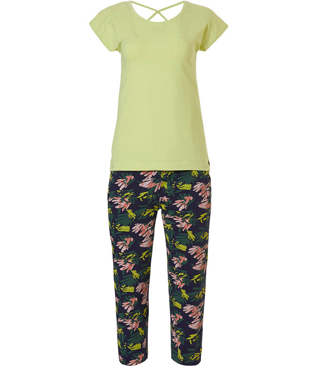 Rebelle 'jungle floral sport it up ' yellow, dark blue, green & pink short sleeve pyjama set witth fresh yellow short sleeve top with cross-straps and 3/4 'jungle floral sport it up' patterned pants -  Be cool & Sport it up the Rebelle way!