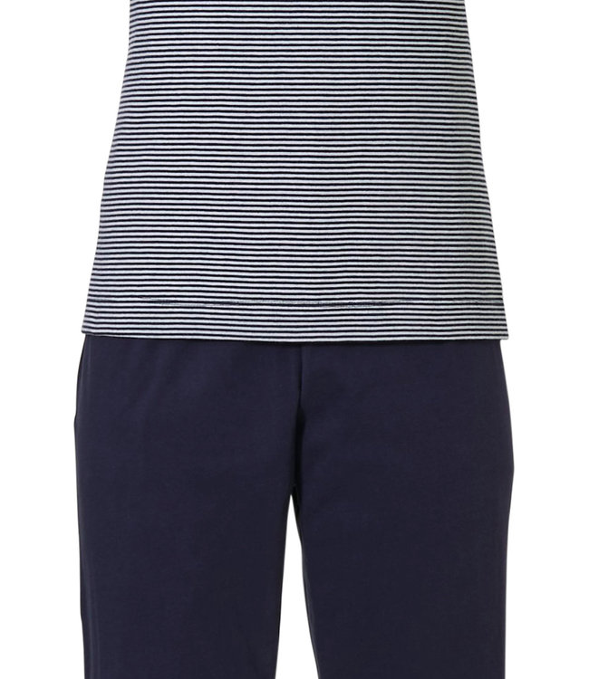 donkerblauwe katoenen dames pyjama 'fine stripes & pretty neckline'