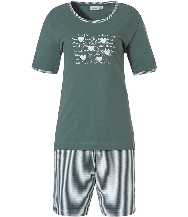 Pastunette '♥ Lucky in Life ♥' sage green & pure white 100% cotton short sleeve ladies shorty set with pretty diamante detail on front and stripey shorts