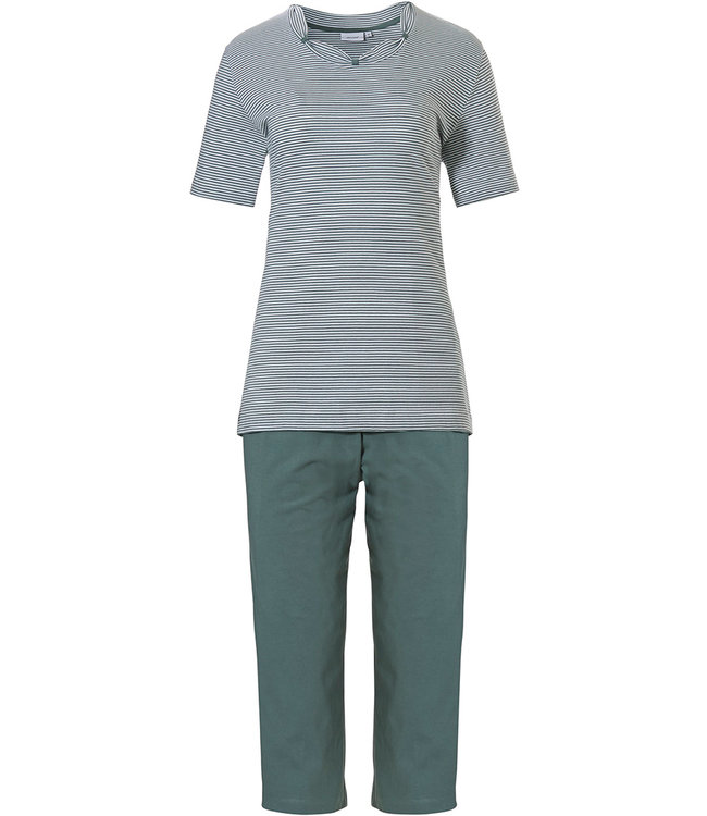 Pastunette ladies sage green cotton pyjama set 'fine stripes & pretty neckline'