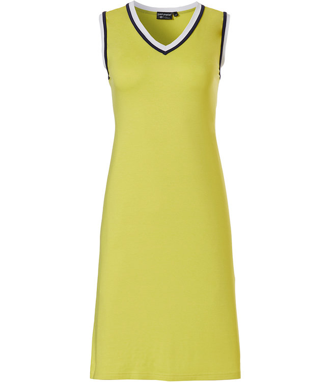 Pastunette Deluxe mouwloze dames dress met v-hals '70's retro yellow vibes'