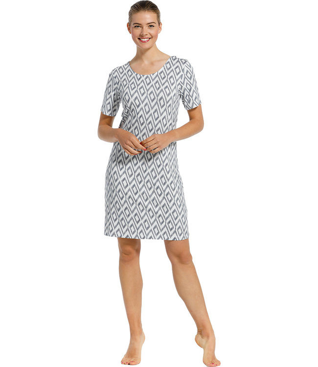 'holiday fashion' white & dark blue ladies short sleeve beach dress with pretty back details and all over 'holiday fashion' print  - A 'must have' for any Summer wardrobe!