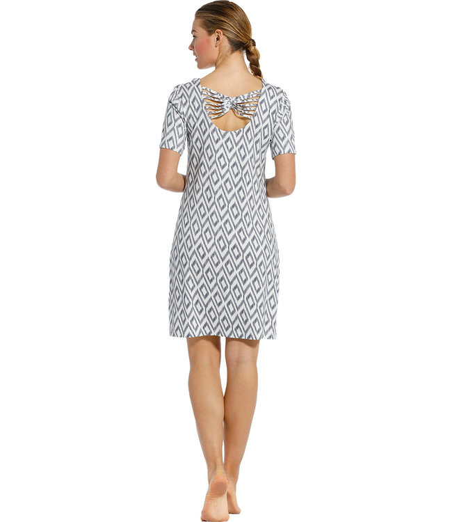 'holiday fashion' white & dark blue ladies short sleeve beach dress with pretty back details and all over 'holiday fashion' print  - A 'must have' for any Summer wardrobe!