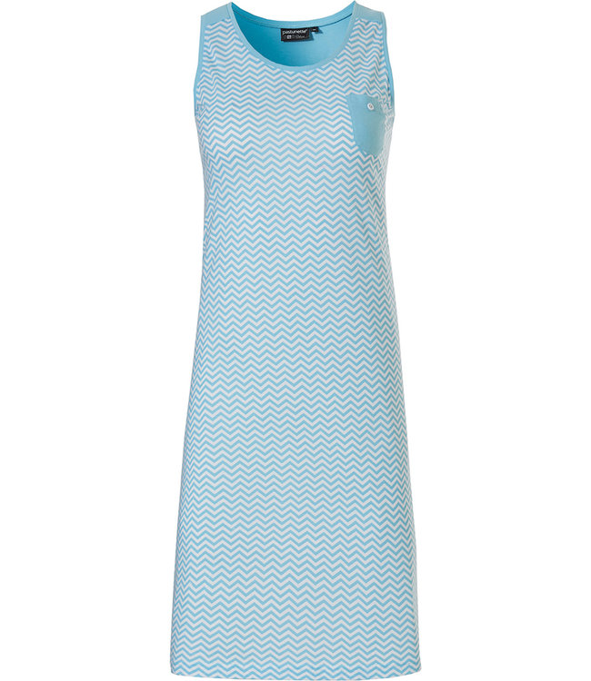 Pastunette Deluxe 'Retro ZigZag' pure white & true blue topaz ladies sleeveless cotton - modal nightdress with chest pocket