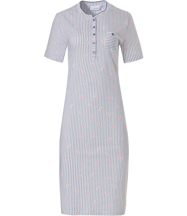 Pastunette 'origami birds' pure white & blue fine stripes, short sleve cotton nightdress with 5 buttons and chest pocket