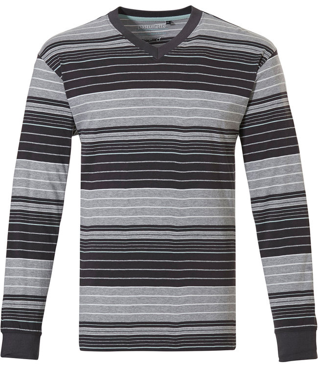 moderne, grijs gestreepte heren pyjama top met lange mouwen met boord