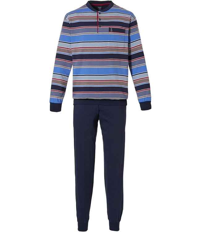 Robson mens blue cotton pyjama with buttons 'bold mixed stripes'