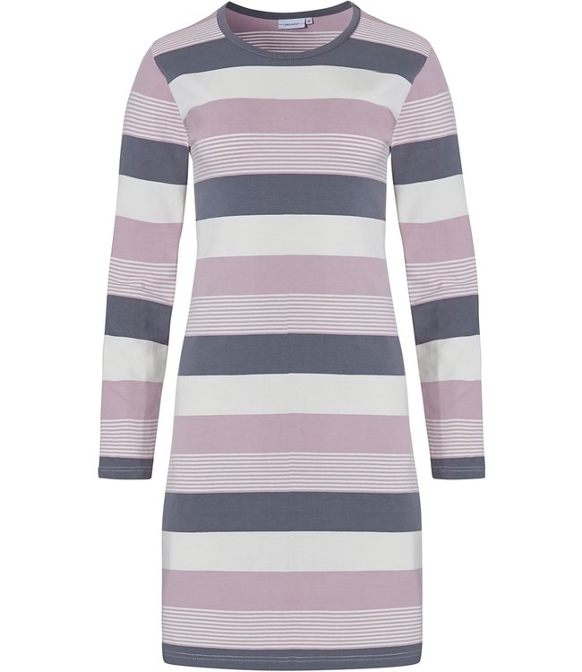Pastunette 'mixed bold stripes' pink, grey & off-white long sleeve 95% cotton nightdress with all over stripes pattern