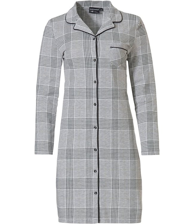 Pastunette Deluxe 'checks in style' light & dark grey long sleeve full button cotton-polyester nightdress with revere collar and chest pocket
